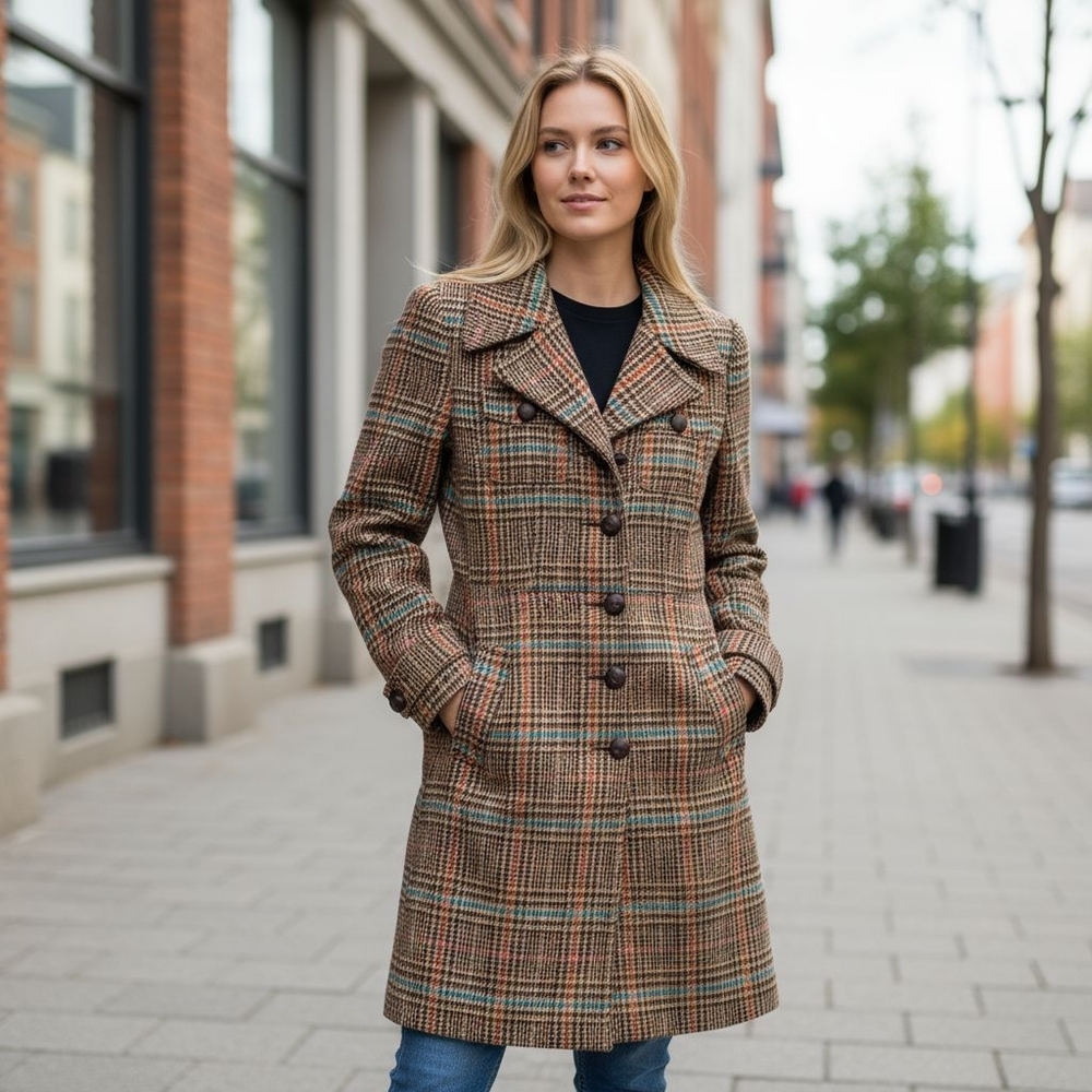 H&M Wool Blend Plaid Pea Coat S Retro 60s Mod Long Jacket Dark Academia - Picture 2 of 16